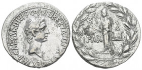 Octavian as Augustus, 27 BC – 14 AD Cistophoric tetradrachm Ephesus circa 28 BC, AR 26.60 mm., 11.43 g.
Laureate head r. Rev. Pax standing l. on para...