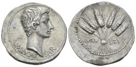 Octavian as Augustus, 27 BC – 14 AD Cistophoric tetradrachm Ephesus circa 24-20 BC, AR 27.00 mm., 11.98 g.
 Bare head r. Rev. Six bunched corn ears. ...
