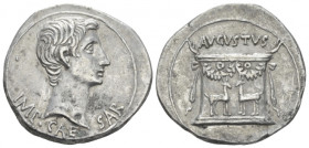 Octavian as Augustus, 27 BC – 14 AD Cistophoric tetradrachm Ephesus circa 24-20 BC, AR 25.70 mm., 11.89 g.
 Bare head r. Rev. Garlanded altar decorat...