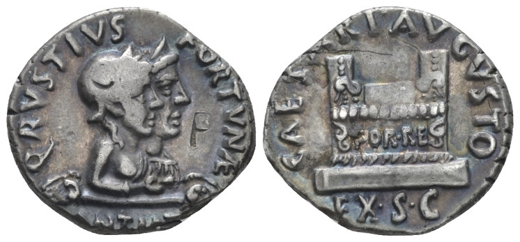 Octavian as Augustus, 27 BC – 14 AD Q. Rustius, Denarius Rome circa 19 BC, AR 18...