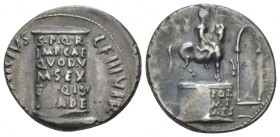Octavian as Augustus, 27 BC – 14 AD Denarius Rome circa 16 BC, AR 18.60 mm., 3.94 g.
Equestrian statue of Augustus before the walls of a city. Rev. C...