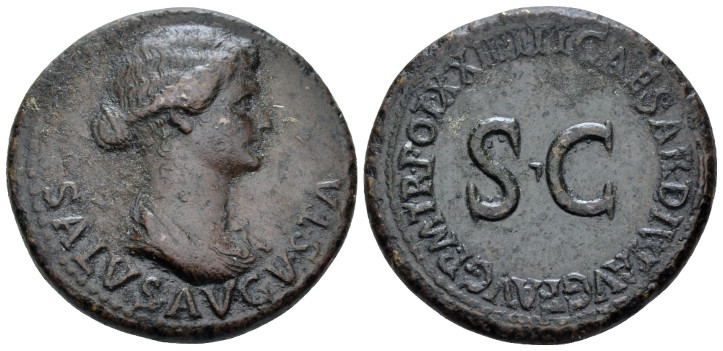 In the name of Livia, wife of Augustus Dupondius Rome 22-23, Æ 29.60 mm., 14.25 ...