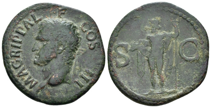 In the name of Agrippa As Rome after 37, Æ 30.00 mm., 11.51 g.
 Head l., wearin...