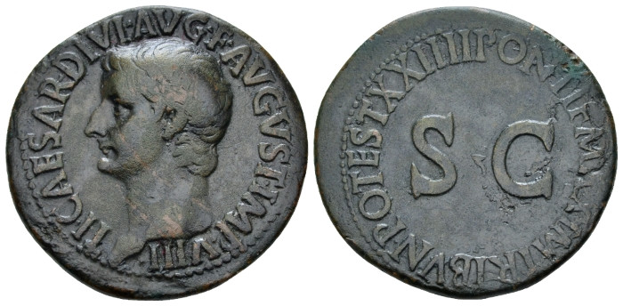 Tiberius, 14-37 As Rome 22-23, Æ 29.40 mm., 10.54 g.
 Bare head l. Rev. Legend ...