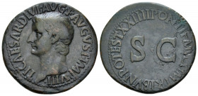 Tiberius, 14-37 As Rome 22-23, Æ 29.40 mm., 10.54 g.
 Bare head l. Rev. Legend around large S • C. C 25. RIC 44.
 
 Nice brown-green patina and por...