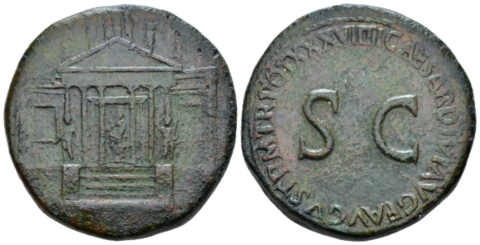 Tiberius, 14-37 Sestertius Rome 35-36, Æ 33.90 mm., 27.91 g.
 Hexastyle temple ...