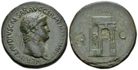 Nero, 54-68 Sestertius Rome circa 64, Æ 35.80 mm., 27.98 g.
 Laureate head r. Rev. S – C Triumphal arch, hung with wreath across front and left side;...