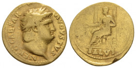Nero, 54-68 Aureus Rome circa 65-66, AV 18.80 mm., 7.18 g.
NERO CAESAR – AVGVSTVS Laureate head r. Rev. Salus seated l. on throne, holding patera in ...
