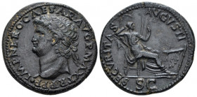 Nero, 54-68 As Lugdunum circa 67, Æ 29.30 mm., 13.53 g.
 Laureate head l., with globe at point of neck. Rev. Securitas seated r., holding sceptre; in...