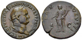 Vespasian, 69-79 Sestertius Rome 72-73, Æ 32.60 mm., 26.65 g.
 Laureate head r. Rev. Pax standing l., holding branch and cornucopiae. C 336. RIC 378....