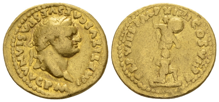 Titus, 79-81 Aureus Rome 79, AV 19.80 mm., 7.21 g.
IMP TITVS CAES VESPASIAN AVG...