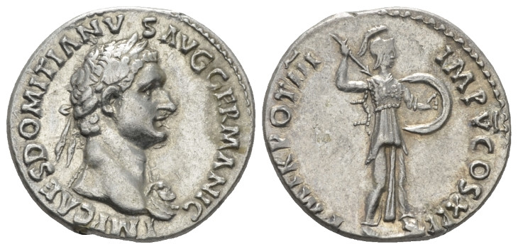 Domitian, 81-96 Plated denarius Rome 84, AR 18.00 mm., 3.23 g.
 Laureate bust r...