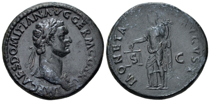 Domitian, 81-96 As Rome 85, 27.00 mm., 10.66 g.
 Laureate bust r., wearing aegi...