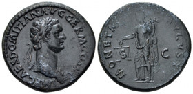 Domitian, 81-96 As Rome 85, 27.00 mm., 10.66 g.
 Laureate bust r., wearing aegis. Rev. Moneta standing l., holding scales and cornucopiae. C 325. RIC...