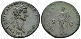 Nerva, 96-98 Dupondius Rome 97, Æ 30.00 mm., 14.09 g.
 Laureate head r. Rev. Aequitas standing l., holding scales and cornucopia. C 10. RIC 94.
 
 ...