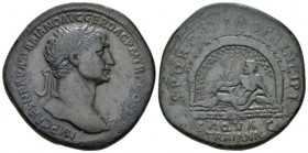 Trajan, 98-117 Sestertius Rome 112-113, Æ 34.00 mm., 23.71 g.
Laureate head r. Rev. River god, holding reed and reclining l. on rocks under arched gr...