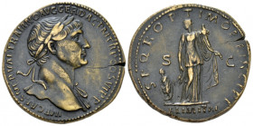 Trajan, 98-117 Sestertius Rome 112-117, Æ 32.00 mm., 28.11 g.
Laureate bust r., with drapery on l. shoulder. Rev. Abundantia advancing r., holding ea...