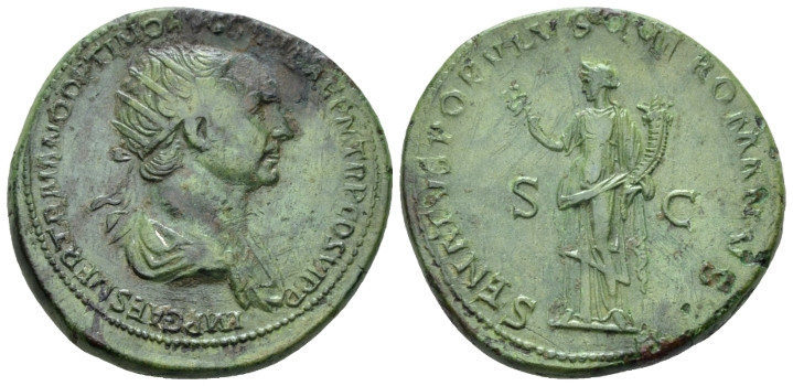 Trajan, 98-117 Dupondius Rome 116, Æ 27.00 mm., 14.85 g.
Radiate and draped bus...