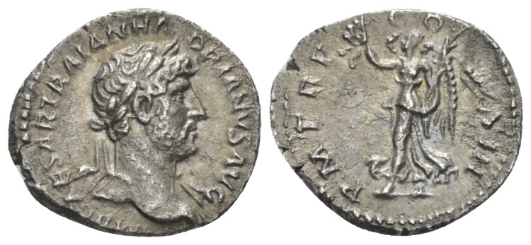 Hadrian, 117-138 Quinarius Rome 119-125, AR 15.00 mm., 1.56 g.
Laureate bust r....