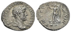 Hadrian, 117-138 Quinarius Rome 119-125, AR 15.00 mm., 1.56 g.
Laureate bust r., slight drapery. Rev. Victory advancing l., holding wreath and palm. ...