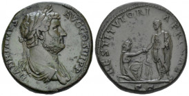 Hadrian, 117-138 Sestertius Rome 134-138, Æ 31.00 mm., 26.83 g.
Laureate and draped bust r. Rev. Hadrian standing l., extending r. hand to raise up a...