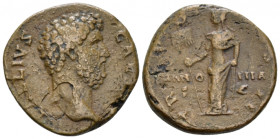 Aelius Caesar, 136-138 As Rome circa 137, Æ 26.50 mm., 10.01 g.
Bare head r. Rev. Pannonia, towered, standing l., holding vexillum and gathering up d...