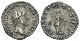 Antoninus Pius, 138-161 Denarius Rome 160-161, AR 17.00 mm., 3.38 g.
laureate head r. Rev. Felicitas standing l., holding caduceus and leaning on col...
