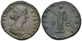 Faustina junior, daughter of Antoninus Pius and wife of Marcus Aurelius Sestertius Rome 161-176, Æ 31.00 mm., 25.06 g.
Draped bust r. Rev. Diana stan...