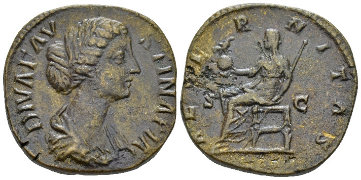 Diva Faustina Sestertius after 176, Æ 31.40 mm., 22.12 g.
Draped bust r. Rev. A...