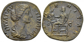 Diva Faustina Sestertius after 176, Æ 31.40 mm., 22.12 g.
Draped bust r. Rev. Aeternitas, veiled and draped, seated l., holding phoenix on globe and ...