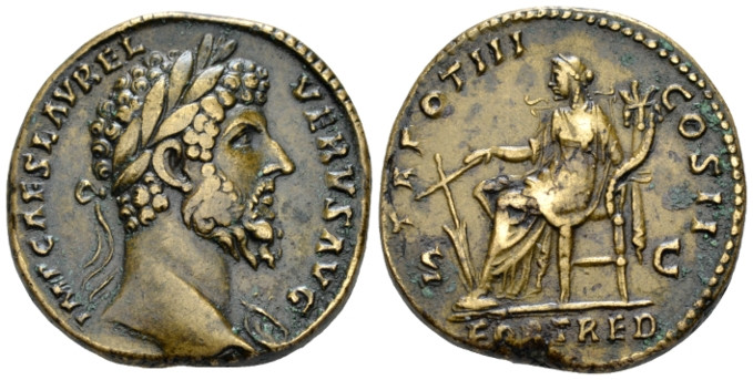 Lucius Verus, 161-169 Sestertius circa 162-163, Æ 30.50 mm., 23.91 g.
Laureate ...