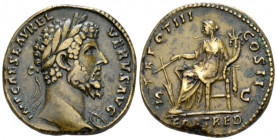 Lucius Verus, 161-169 Sestertius circa 162-163, Æ 30.50 mm., 23.91 g.
Laureate bust r., with aegis. Rev. Fortuna seated l., holding rudder and cornuc...