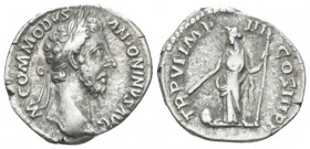 Commodus, 177-192 Denarius circa 181, AR 18.20 mm., 3.17 g.
L AVREL COMMODVS AVG Laureate head right. Rev. TR P VI IMP IIII COS III PP Providentia st...