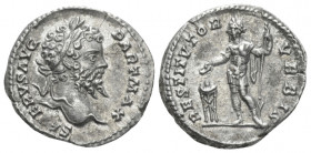 Septimius Severus, 193-211 Denarius Rome circa 200-201,, AR 18.50 mm., 3.44 g.
Laureate head r. Rev. Emperor standing facing, head l., in military at...