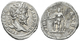 Septimius Severus, 193-211 Denarius Rome circa 200-201,, AR 18.10 mm., 3.31 g.
Laureate head r.. Rev. Virtus standing l. with shield, spear and victo...