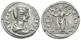 Julia Domna, wife of Septimius Severus Denarius circa 196-211, AR 19.80 mm., 3.40 g.
Draped bust r. Rev. Pietas standing l., raising both hands at al...