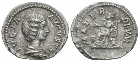 Julia Domna, wife of Septimius Severus Denarius circa 198-207, AR 20.00 mm., 3.51 g.
Draped bust r. Rev. Cybele, towered, seated l. on throne between...
