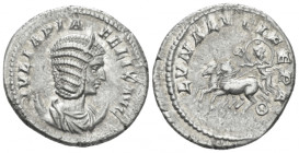 Julia Domna, wife of Septimius Severus Antoninianus Roma circa 211-27, AR 24.00 mm., 5.41 g.
Diademed and draped bust r. on crescent. Rev. Luna with ...