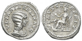 Julia Domna, wife of Septimius Severus Denarius circa 211-217, AR 18.70 mm., 3.87 g.
Draped bust r. Rev. Venus seated l. on throne, holding sceptre a...