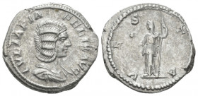 Julia Domna, wife of Septimius Severus Denarius Rome circa 211-217, AR 18.90 mm., 3.42 g.
Draped bust r. Rev. Vesta standing l., holding palladium an...