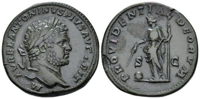 Caracalla, 198-217 Sestertius Roma 210-213, Æ 32.00 mm., 25.73 g.
Laureate head...