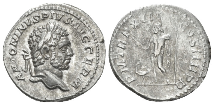 Caracalla, 198-217 Denarius circa 214, AR 18.70 mm., 3.10 g.
ANTONINVS PIVS AVG...