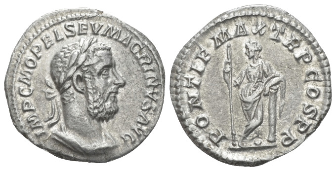 Macrinus, 217-218 Denarius circa 217, AR 19.30 mm., 2.92 g.
Laureate and cuiras...