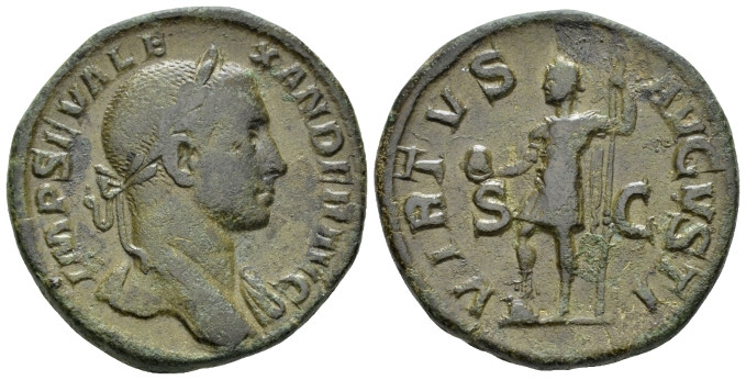 Severus Alexander, 222-235 Sestertius Rome 230, Æ 30.00 mm., 2.27 g.
Laureate b...