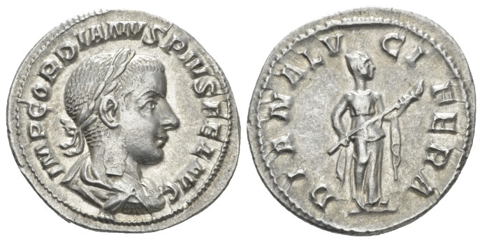 Gordian III, 238-244 Denarius circa 240, AR 19.50 mm., 2.92 g.
Laureate, draped...