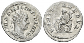 Philip I, 244-249 Antoninianus Roma circa 247-249, AR 22.00 mm., 3.58 g.
Radiate, draped and cuirassed bust r. Rev. Fortuna seated l., holding rudder...