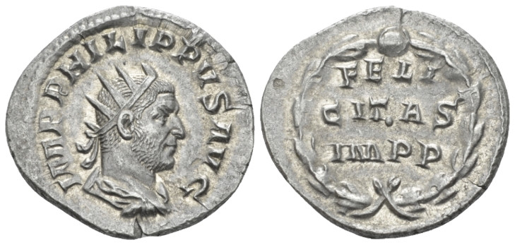 Philip I, 244-249 Antoninianus Rome 249, AR 23.50 mm., 4.26 g.
Radiate, draped,...