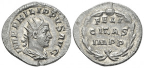Philip I, 244-249 Antoninianus Rome 249, AR 23.50 mm., 4.26 g.
Radiate, draped, and cuirassed bust r. Rev. FELI/CITAS/IMPP in three lines within wrea...