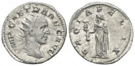 Trajan Decius, 249-251 Antoninianus Uncertain mint 251, AR 22.20 mm., 3.34 g.
Radiate and cuirassed bust r. Rev. Dacia standing facing, head l., hold...
