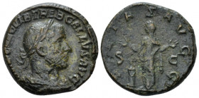 Trebonianus Gallus, 251-253 AS Rome circa 251-253, Æ 23.40 mm., 8.73 g.
Laureate, draped and cuirassed bust r. Rev. Pietas, veiled, standing l., rais...